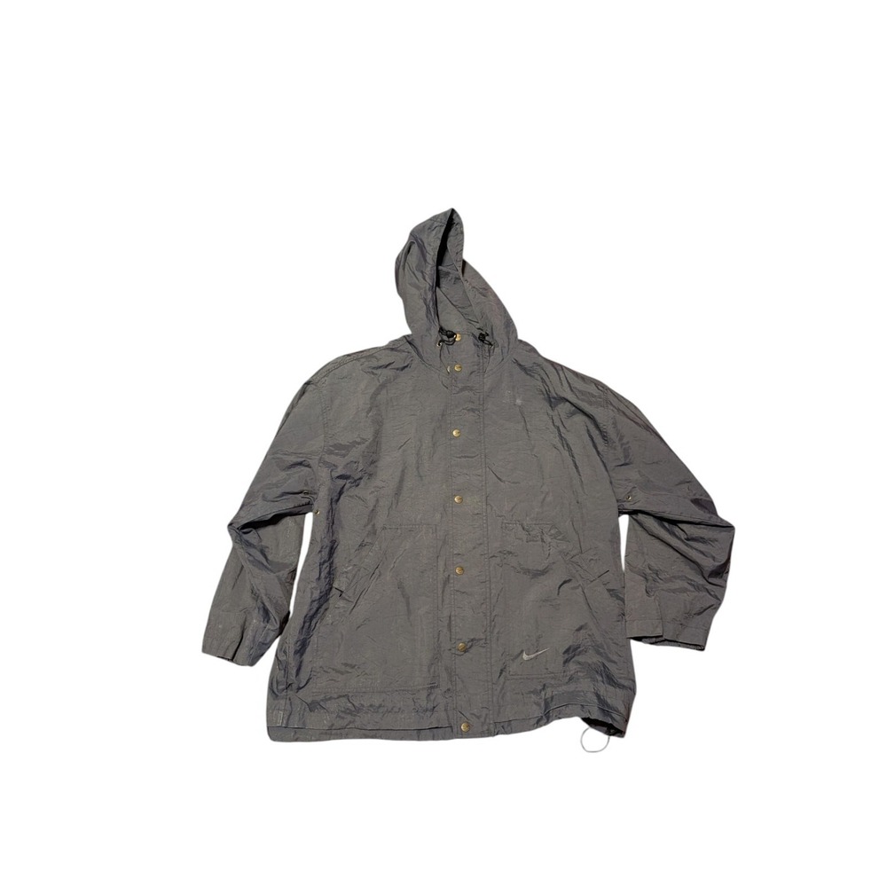 Vintage 90s Nike Jacket Mens Medium Gray Raincoat Windbreaker Hoodied Full Zip